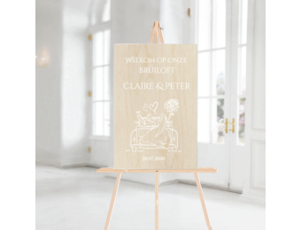 Welkomstbord Bruiloft Hout Trouwauto Wit