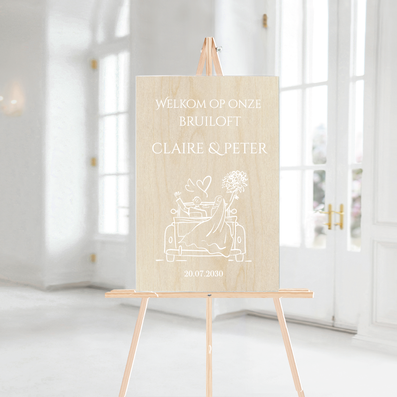 Welkomstbord Bruiloft Hout Trouwauto Wit