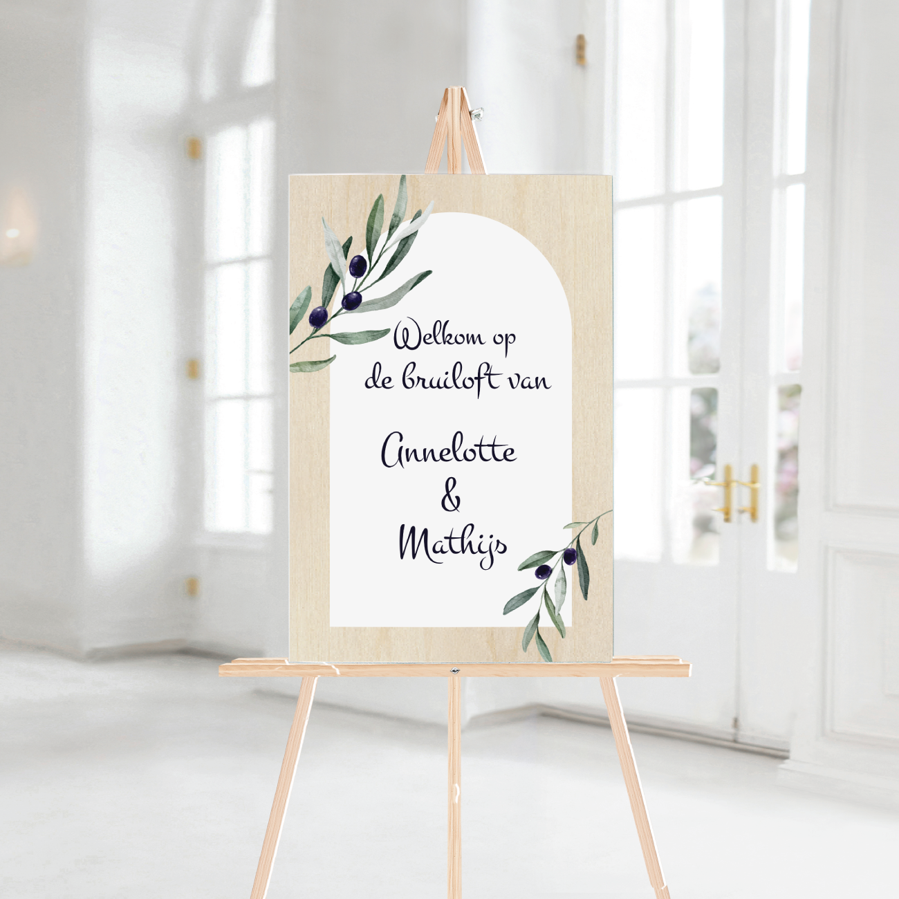 Welkomstbord Bruiloft Hout Olijftak Modern