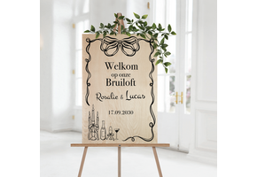Welkomstbord Bruiloft hout getekende illustraties zwart