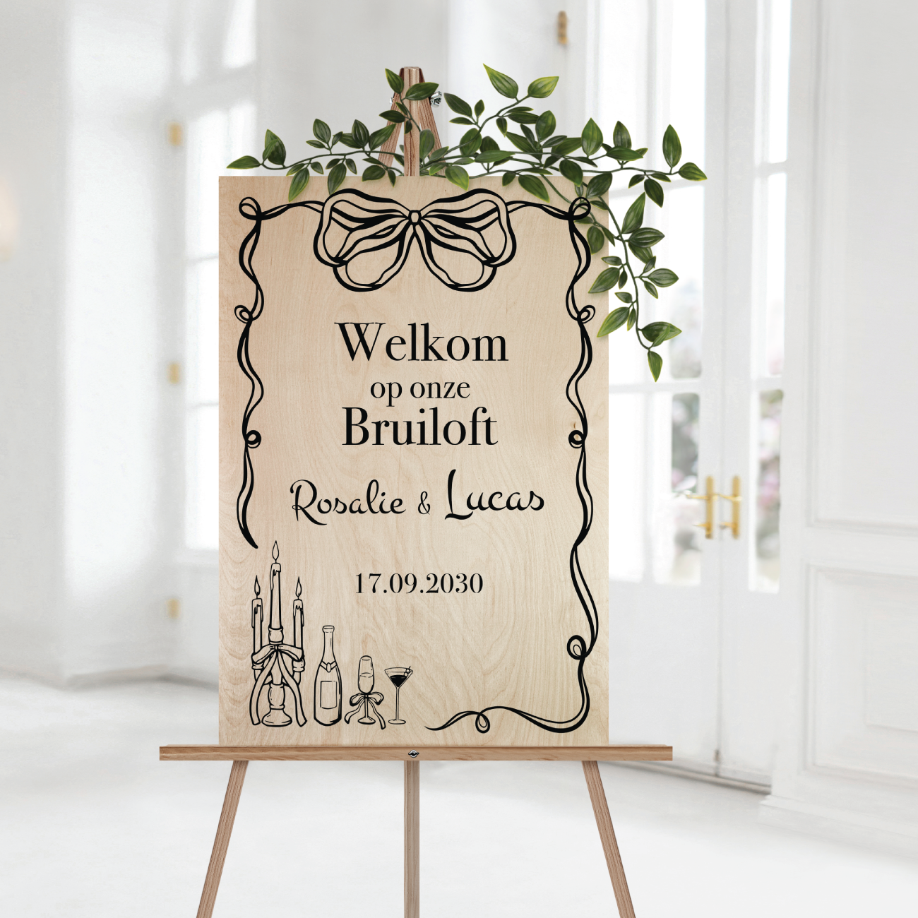 Welkomstbord Bruiloft hout getekende illustraties zwart