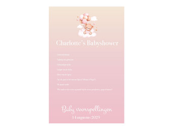 Babyshower invulkaartje Beer met ballonnen roze – Print 2 of 100 stuks voor één prijs