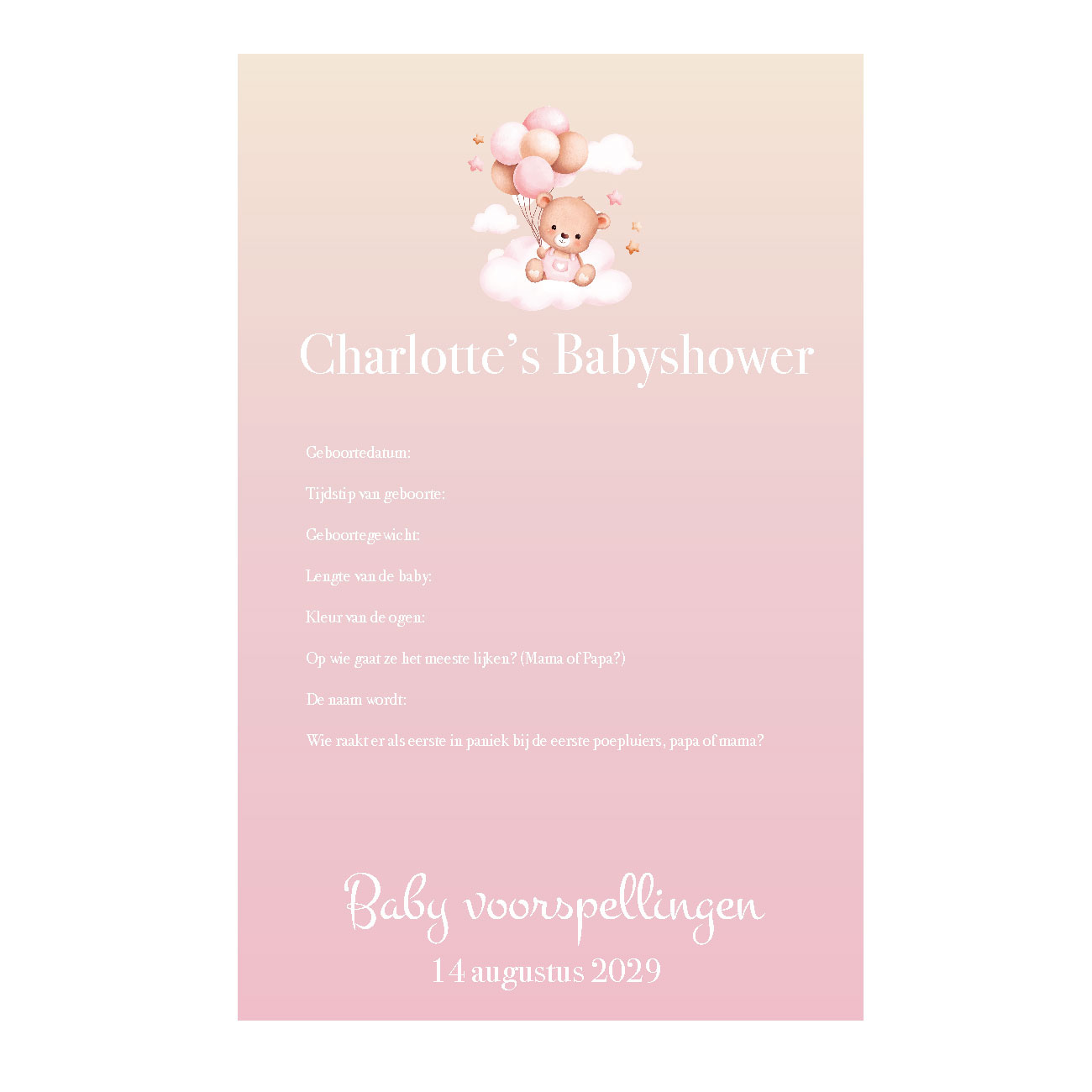Babyshower invulkaartje Beer met ballonnen roze – Print 2 of 100 stuks voor één prijs