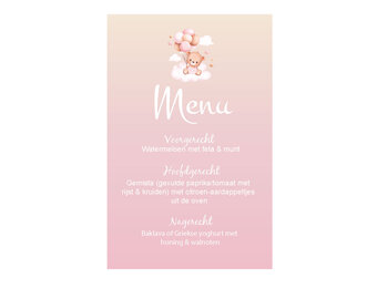 Menukaart Babyshower Beer met ballonnen roze – Print 2 of 100 stuks voor één prijs