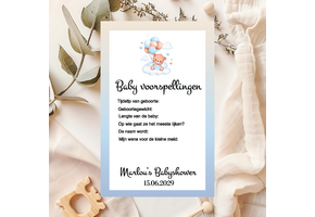 Babyshower invulkaartje Beer met ballonnen blauw– Print 2 of 100 stuks voor één prijs