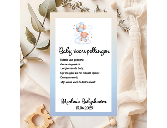 Babyshower invulkaartje Beer met ballonnen blauw– Print 2 of 100 stuks voor één prijs