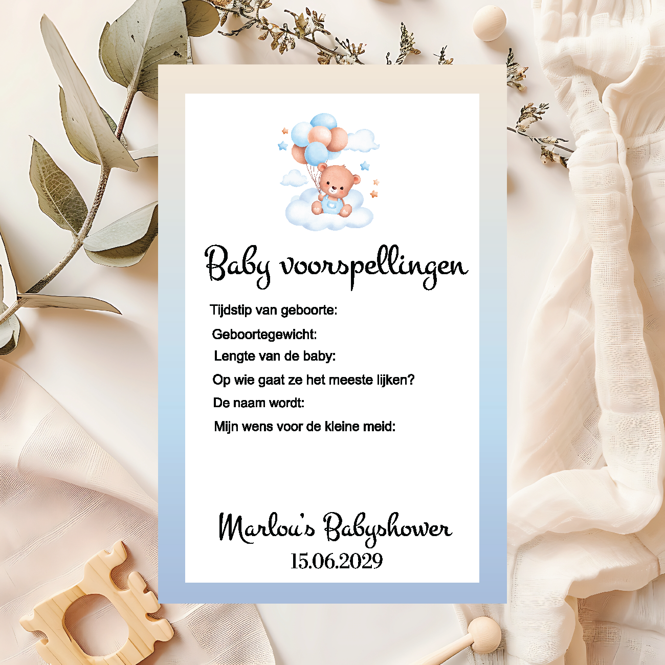 Babyshower invulkaartje Beer met ballonnen blauw– Print 2 of 100 stuks voor één prijs