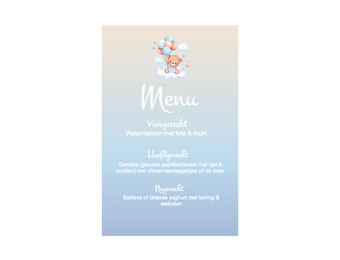 Menukaart Babyshower Beer met ballonnen blauw – Print 2 of 100 stuks voor één prijs