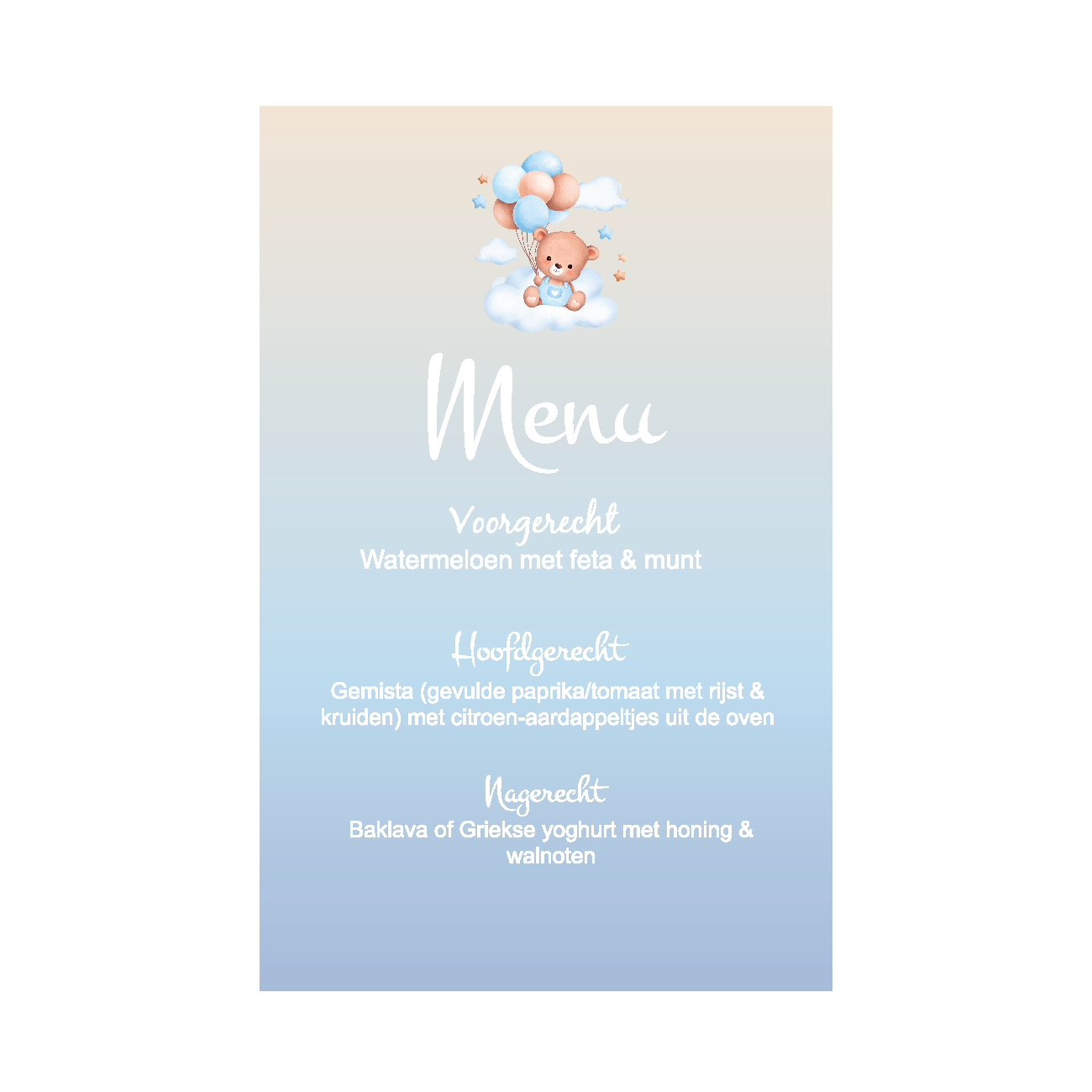 Menukaart Babyshower Beer met ballonnen blauw – Print 2 of 100 stuks voor één prijs