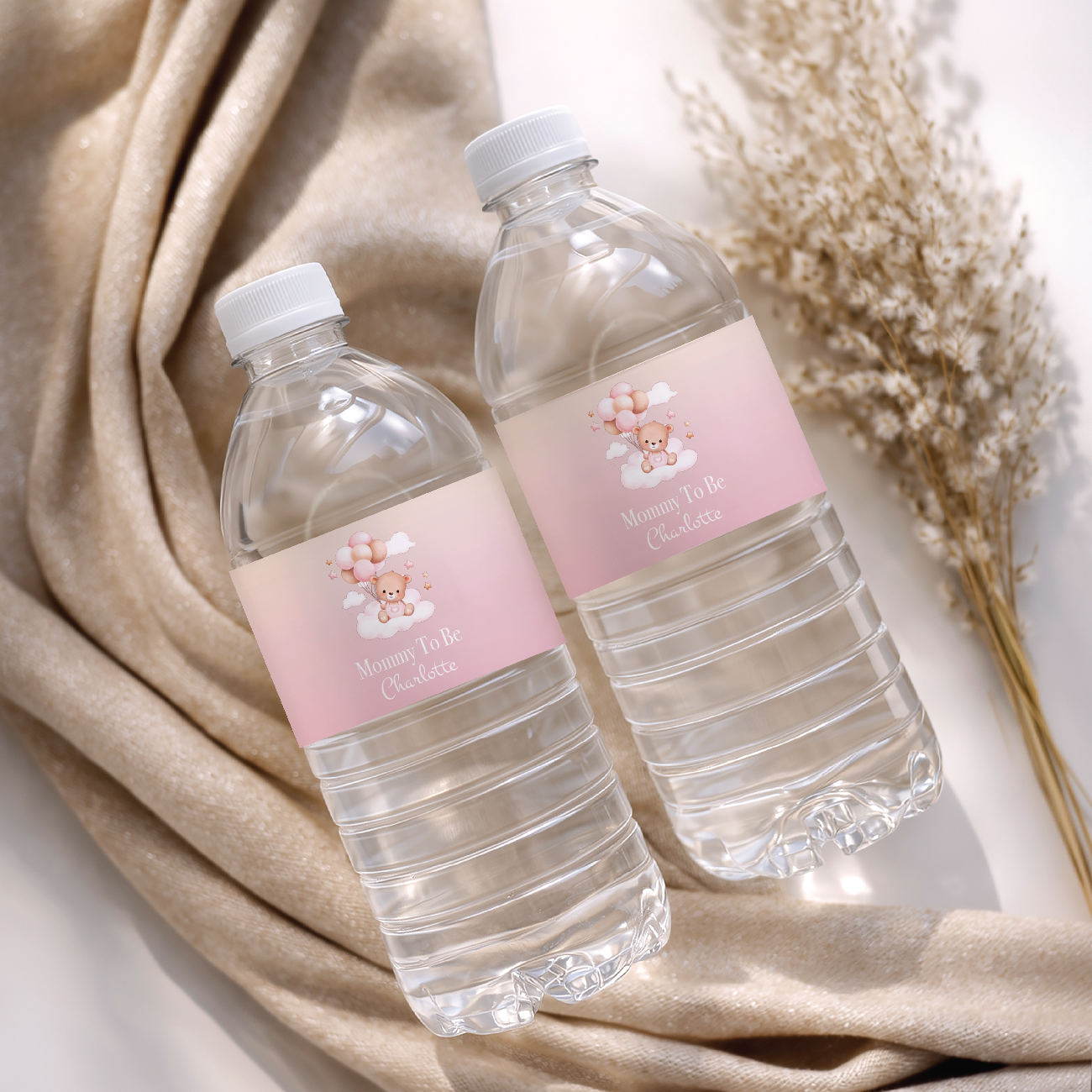 Waterfles labels Babyshower Beer met ballonnen roze | Onbeperkt Printen | Direct Download