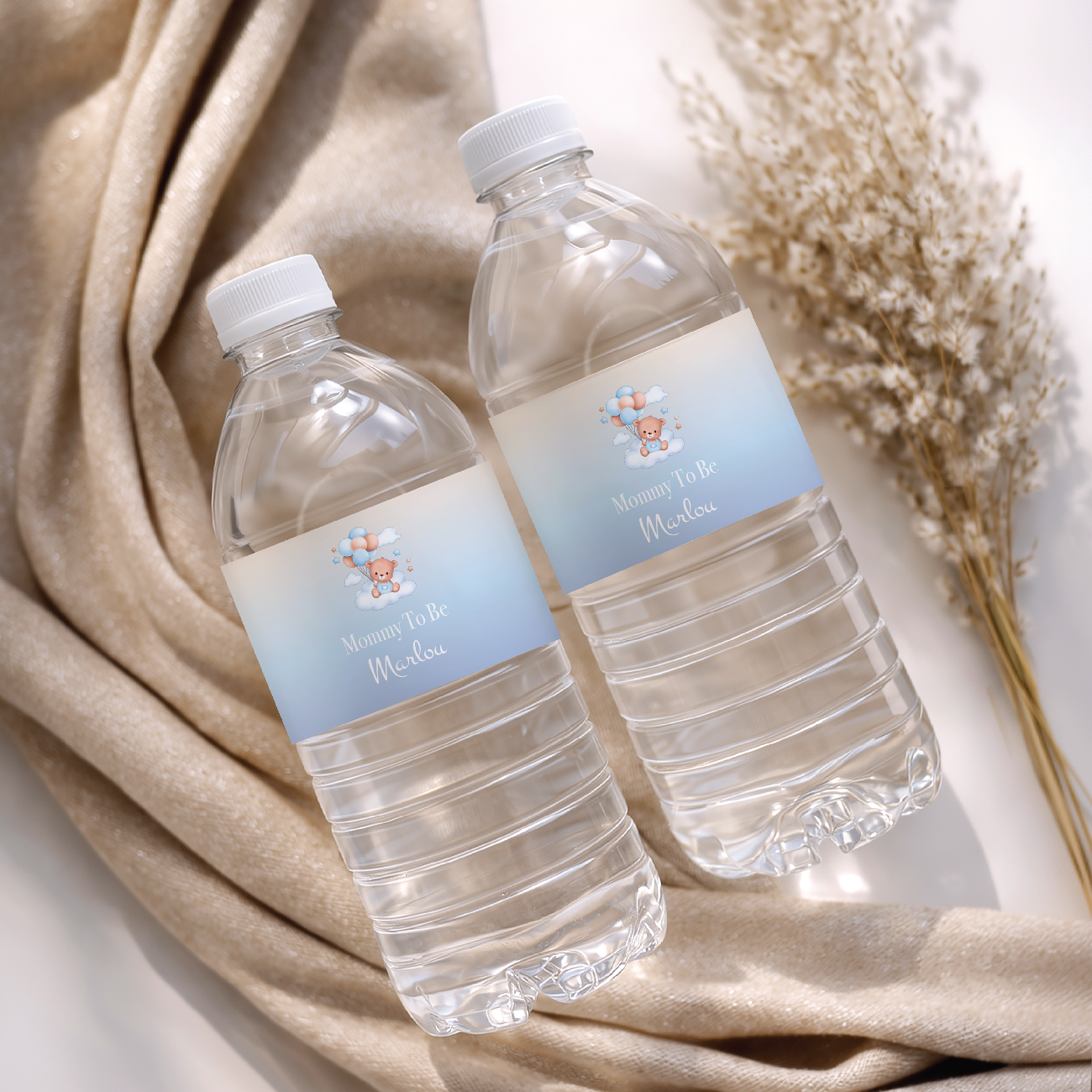 Waterfles labels Babyshower Beer met ballonnen blauw | Onbeperkt Printen | Direct Download