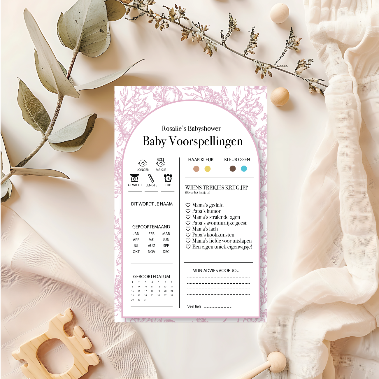 Babyshower Spelletjes Elegant Pink Personaliseerbaar – Baby Voorspellingen Printable – Direct Download