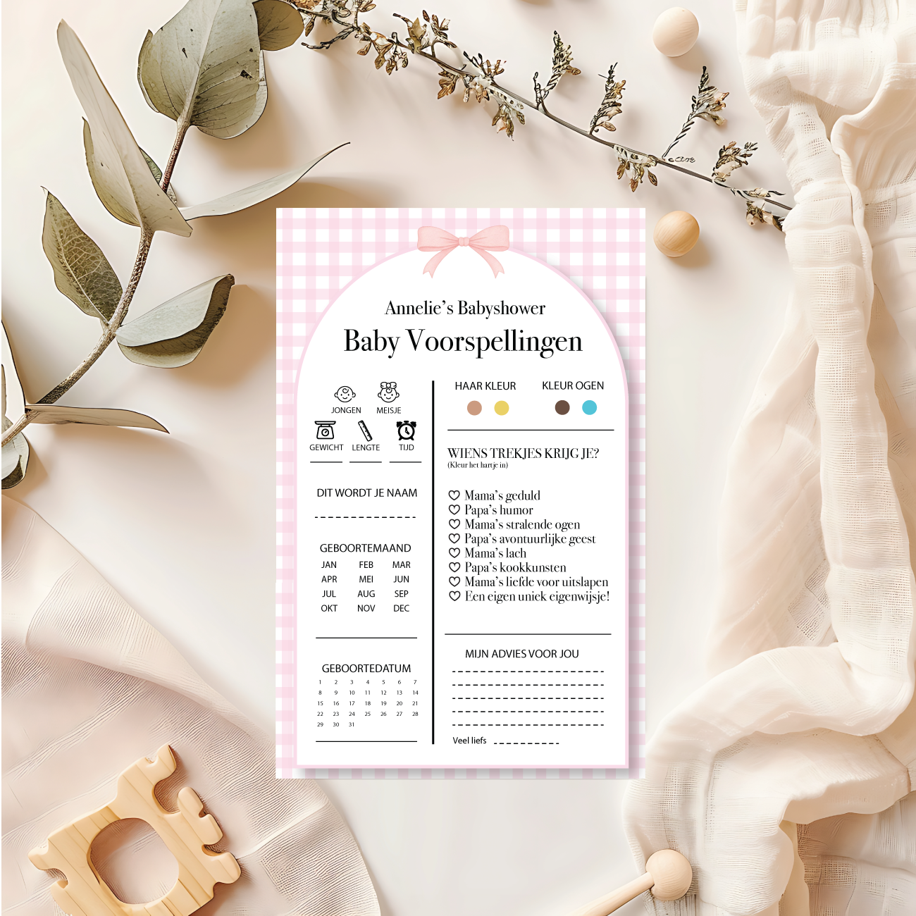 Babyshower Spelletjes Gingham Roze met Naam - Personaliseer & Print zelf
