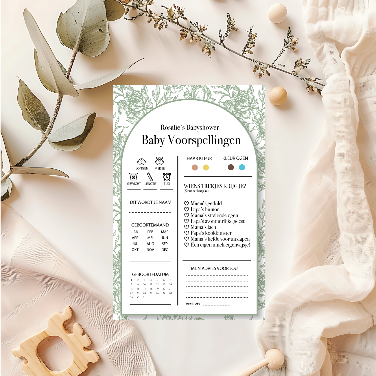 Babyshower Spelletjes Elegant Sage met Naam - Personaliseer & Print zelf