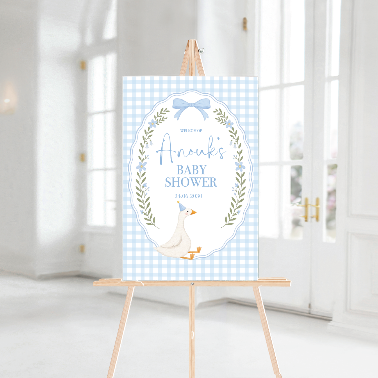Welkomstbord Babyshower Silly Goose blauw – gepersonaliseerd met naam – jongen