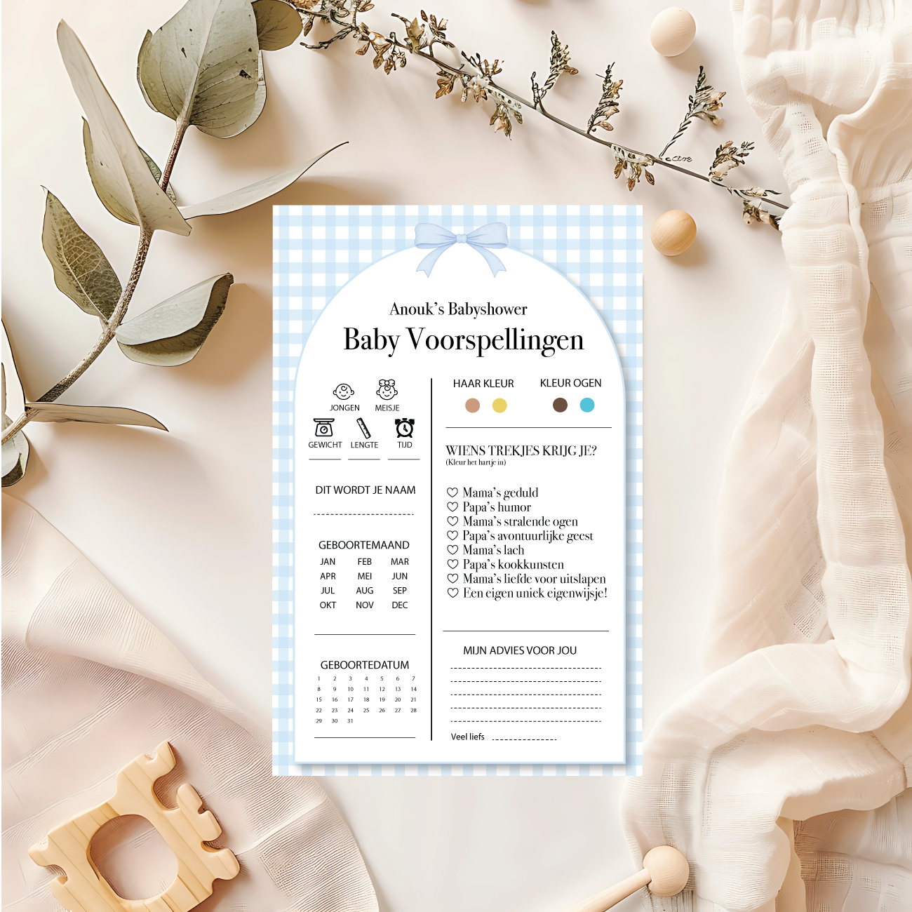Babyshower Spelletjes Gingham Blauw met Naam - Personaliseer & Print zelf