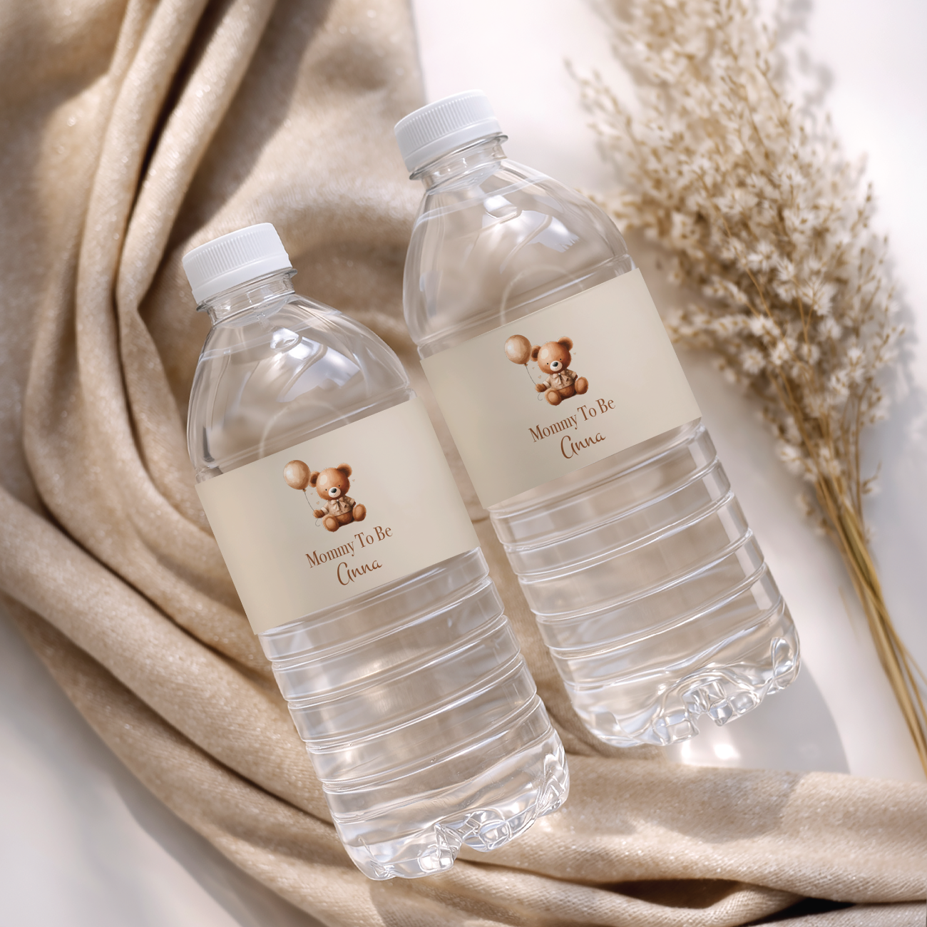 Waterfles labels Babyshower Teddy Bear met Naam - Personaliseer & Print zelf