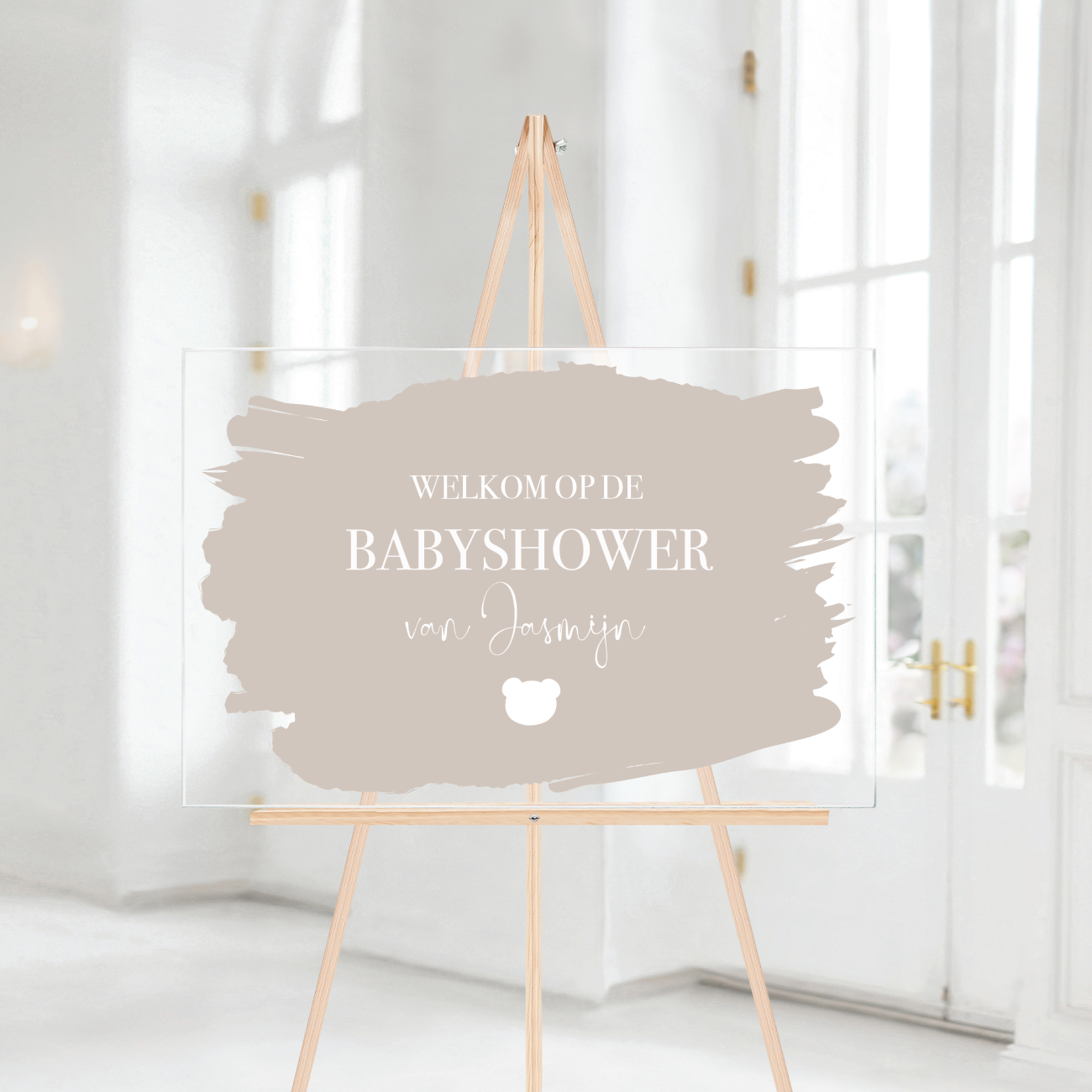 Welkomstbord Babyshower Acryl beige – met naam