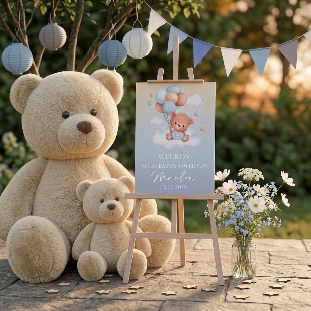 Welkomstbord Babyshower met naam – Beer ballonnen blauw – gepersonaliseerd jongen