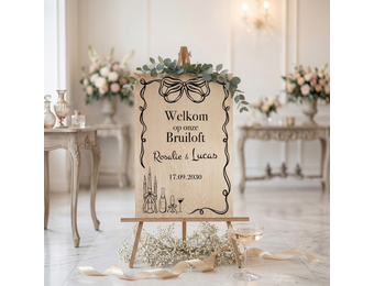 Welkomstbord bruiloft hout - Getekende illustraties