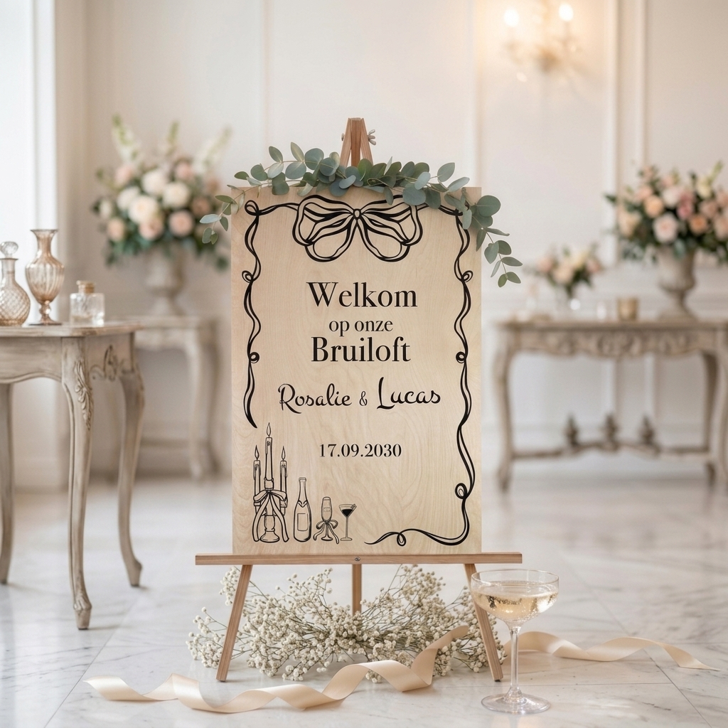Welkomstbord bruiloft hout - Getekende illustraties