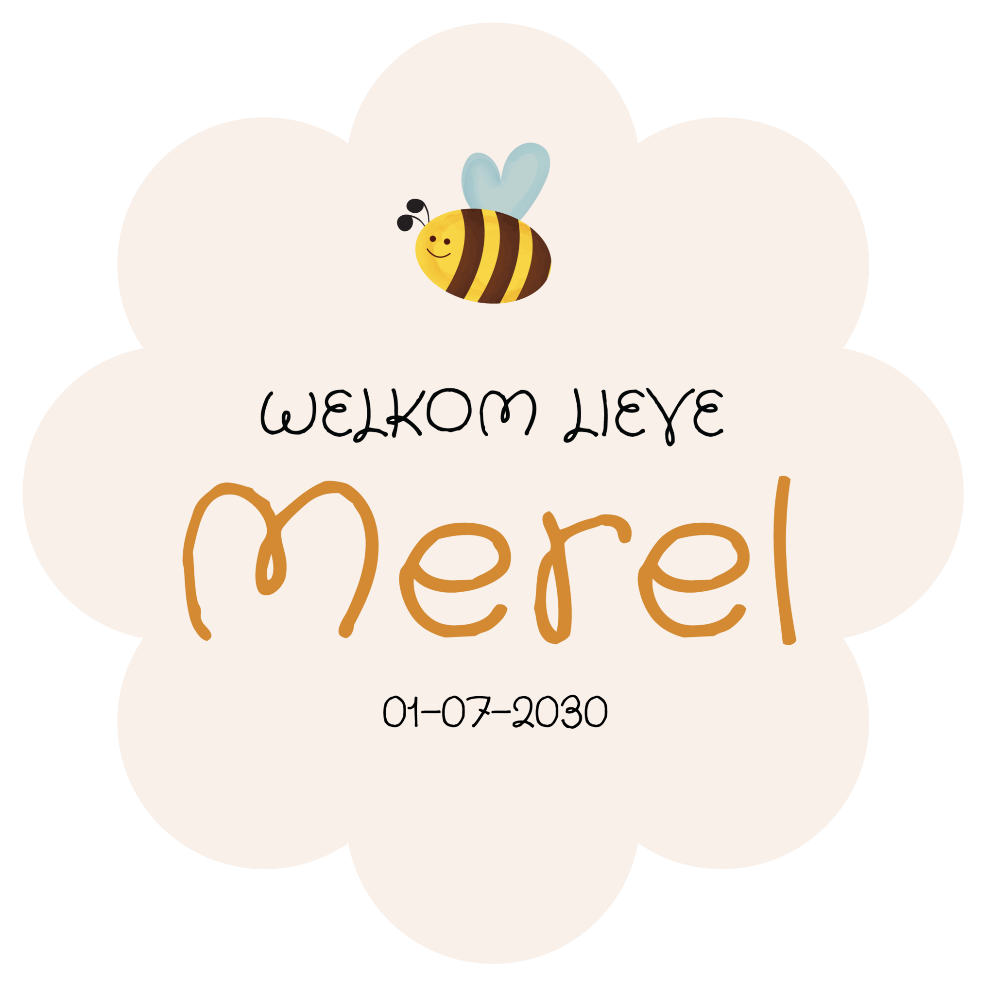 Geboorte raamsticker met naam Bijtje, bloemvormige raamsticker met bijtje, gepersonaliseerd