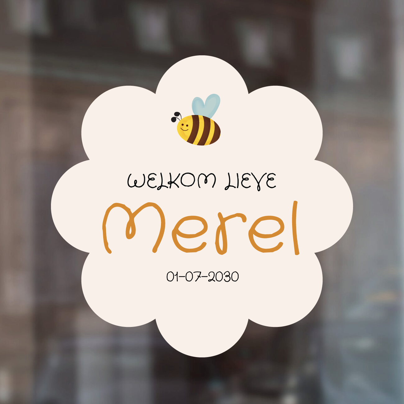 Geboorte raamsticker met naam Bijtje, bloemvormige raamsticker met bijtje, gepersonaliseerd