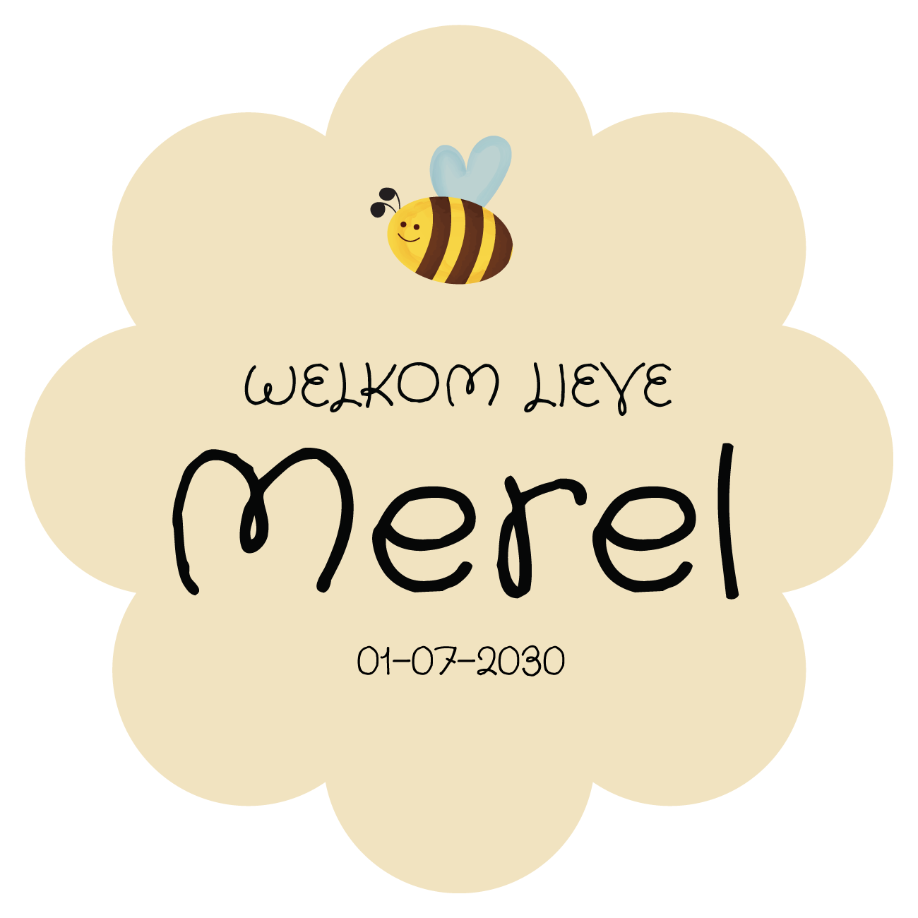 Geboorte raamsticker met naam Little Bee Yellow, gele bloemvormige raamsticker met bijtje, gepersonaliseerd