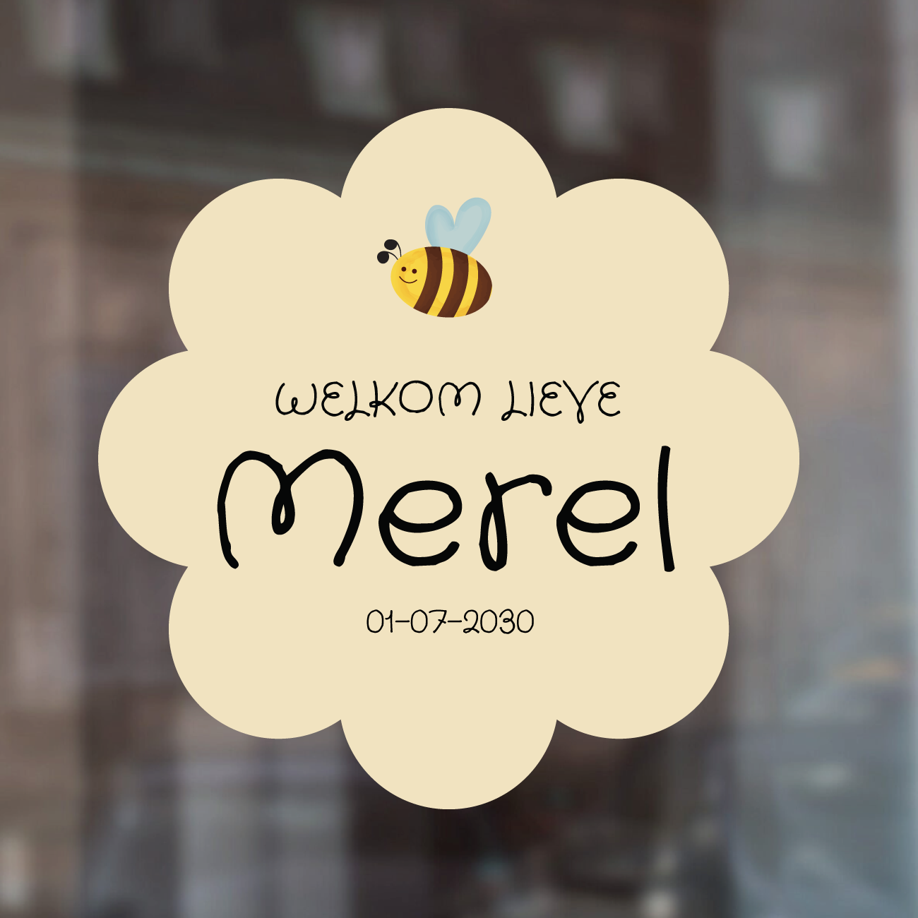Geboorte raamsticker met naam Little Bee Yellow, gele bloemvormige raamsticker met bijtje, gepersonaliseerd