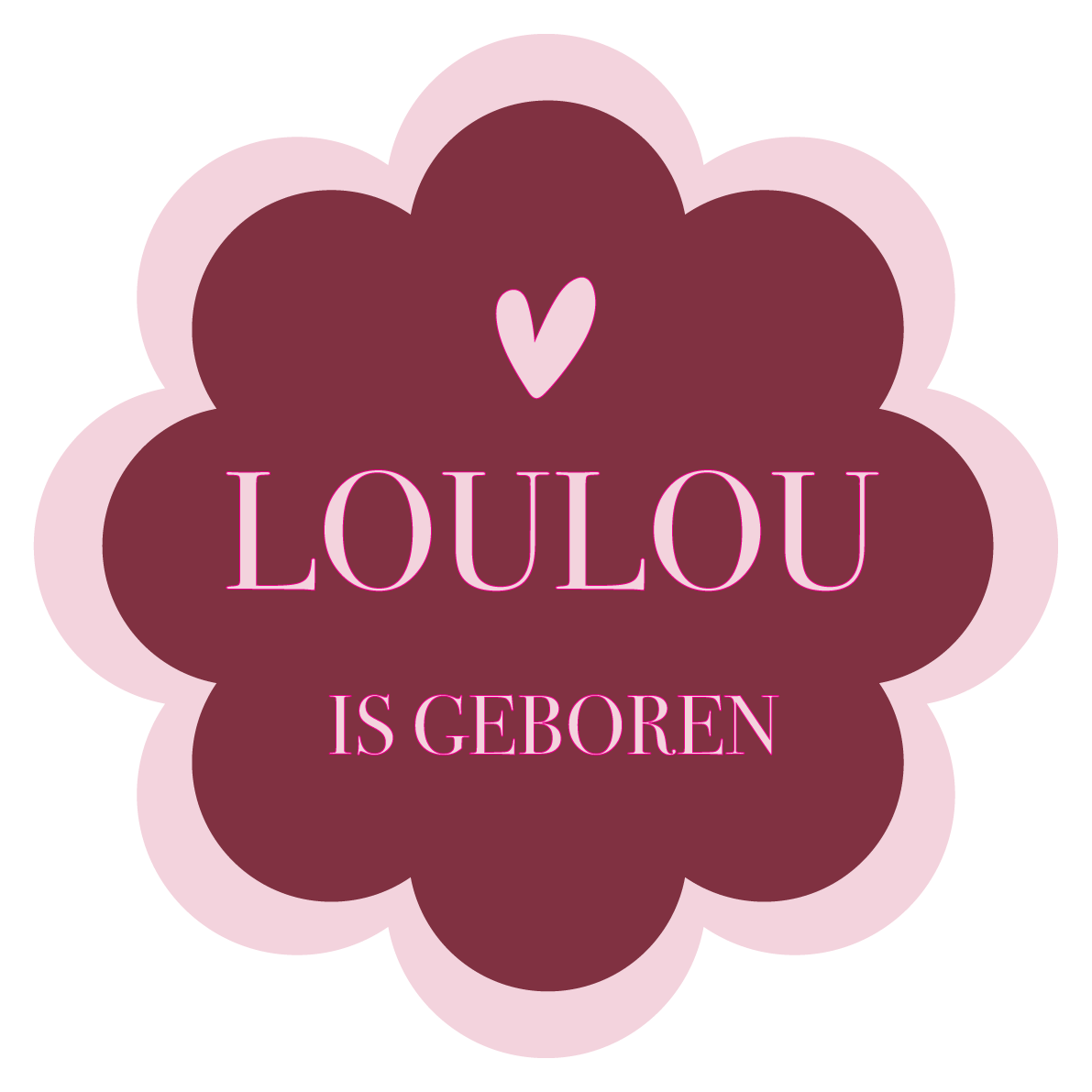 Geboorte raamsticker met naam Burgundy Bloom, bordeauxrode bloemvormige sticker met hartje en tekst is geboren