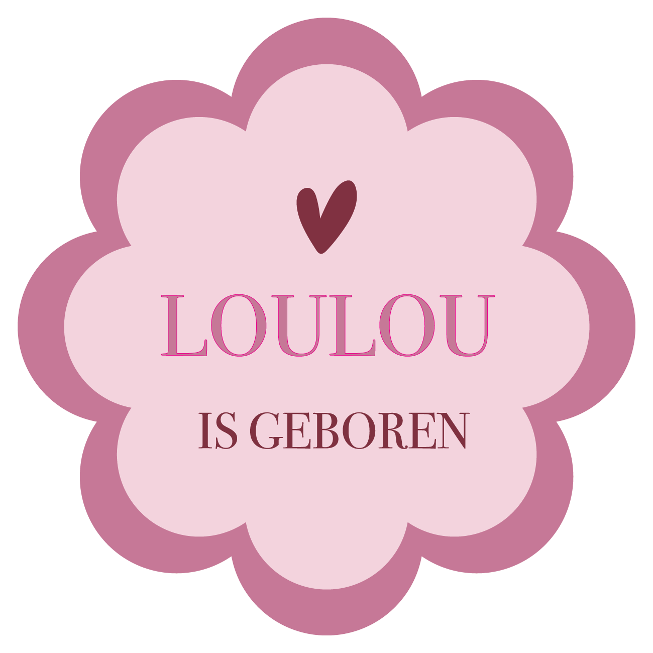 Geboorte raamsticker met naam Blush Bloom, roze bloemvormige sticker met hartje en tekst is geboren