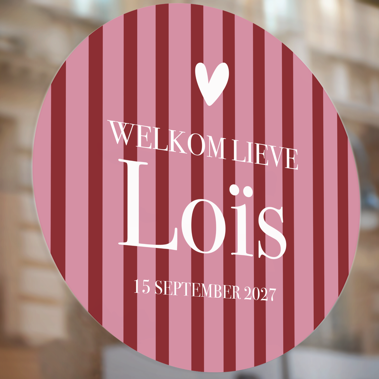 Geboorte raamsticker met naam Pink Stripes, ronde sticker met roze en rode strepen, gepersonaliseerd