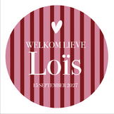 Geboorte raamsticker met naam Pink Stripes, ronde sticker met roze en rode strepen, gepersonaliseerd