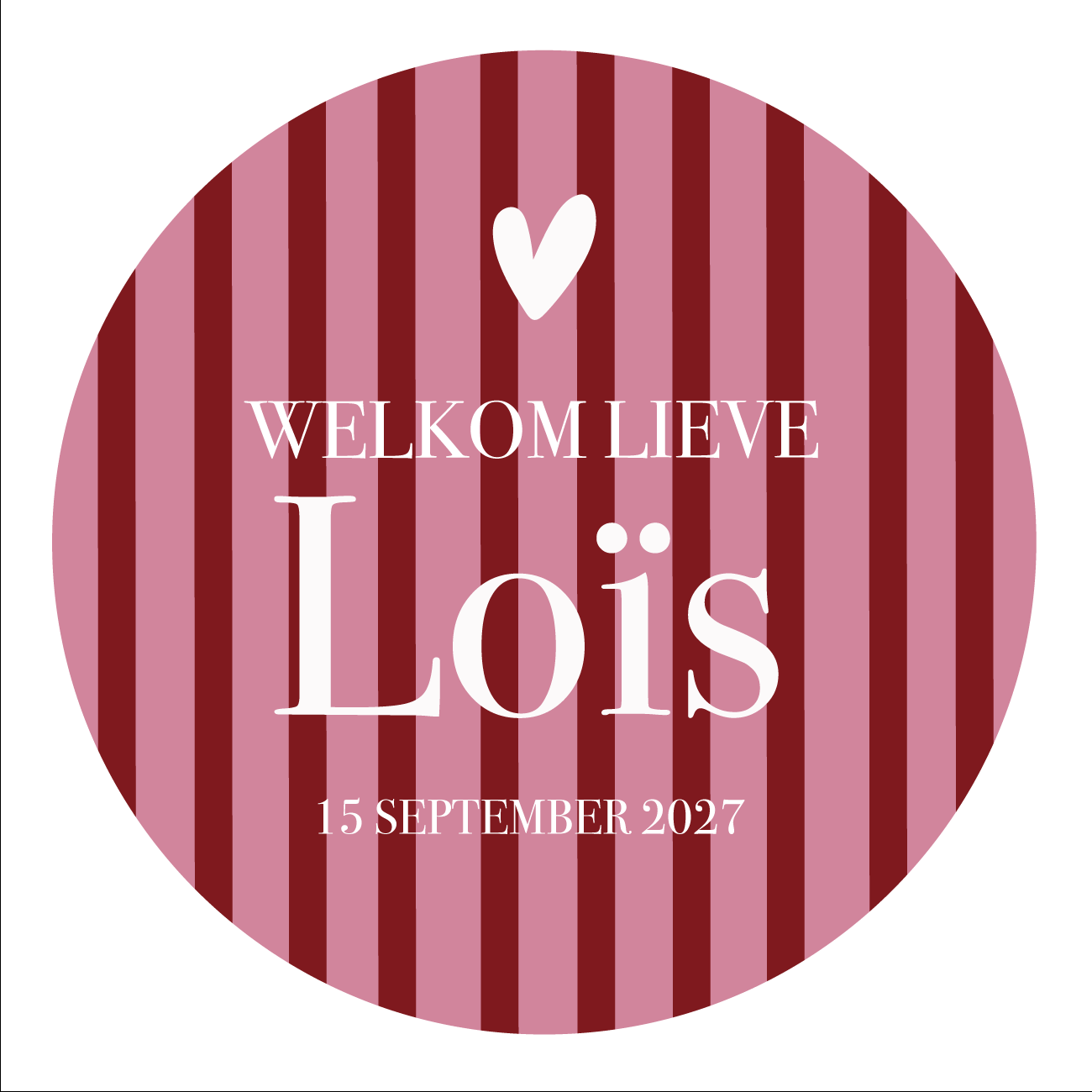 Geboorte raamsticker met naam Pink Stripes, ronde sticker met roze en rode strepen, gepersonaliseerd
