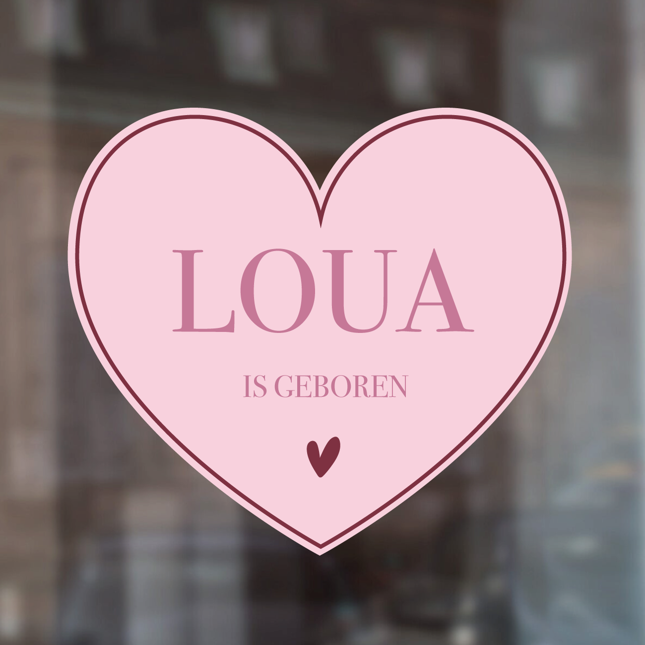 Geboorte raamsticker met naam Pink Heart, hartvormige roze sticker met tekst is geboren, gepersonaliseerd