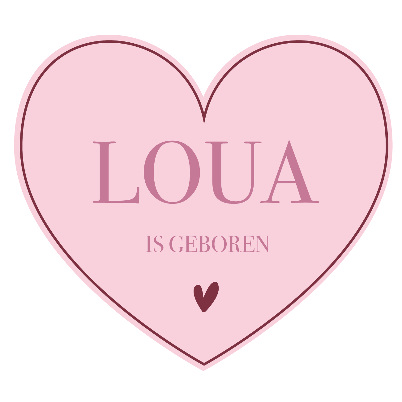 Geboorte raamsticker met naam Pink Heart, hartvormige roze sticker met tekst is geboren, gepersonaliseerd