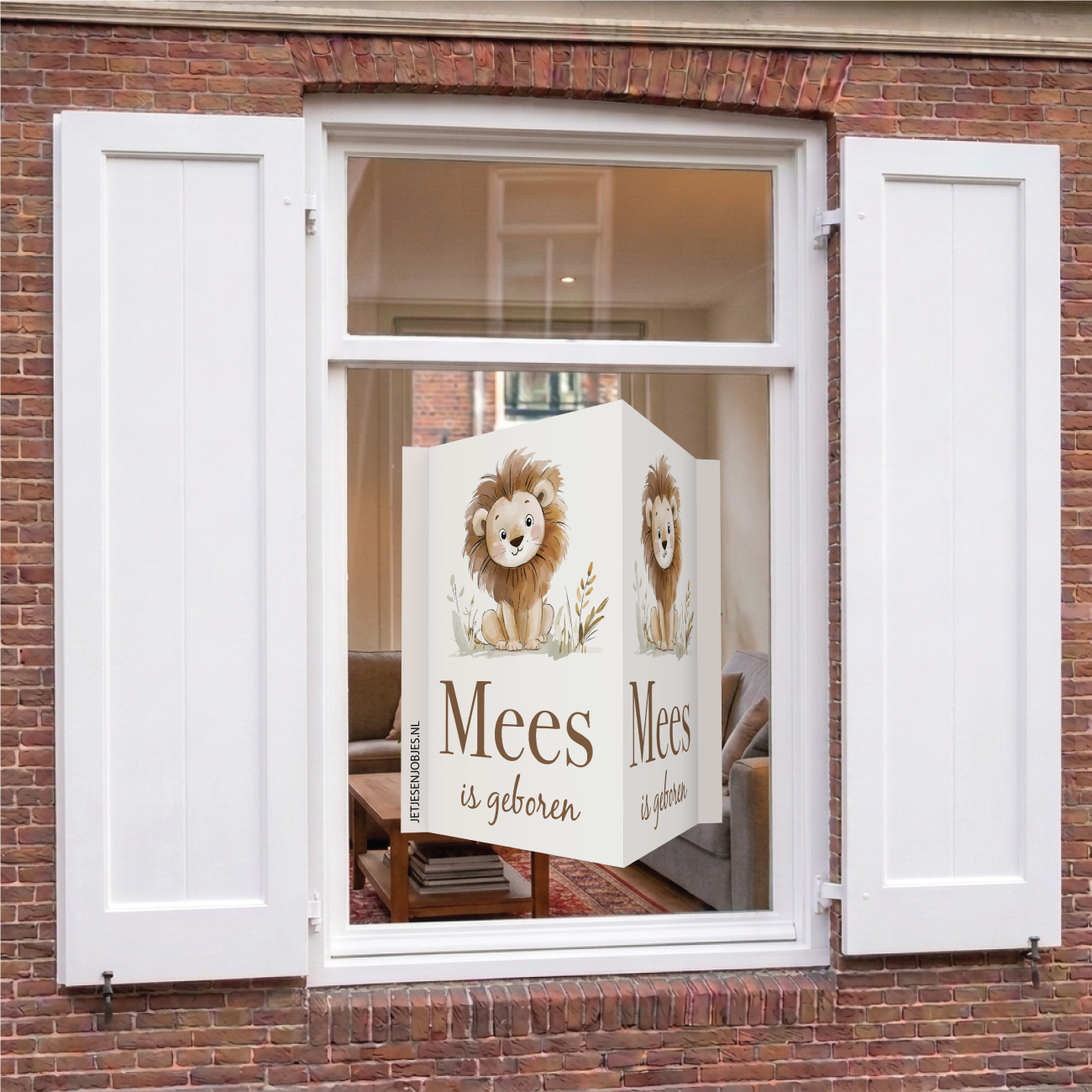 Geboortebord met naam Little Lion, dubbelzijdig geboorte raambord met leeuwtje, gepersonaliseerd