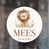 Geboorte raamsticker met naam Little Lion, ronde statische raamsticker met leeuwtje, gepersonaliseerd