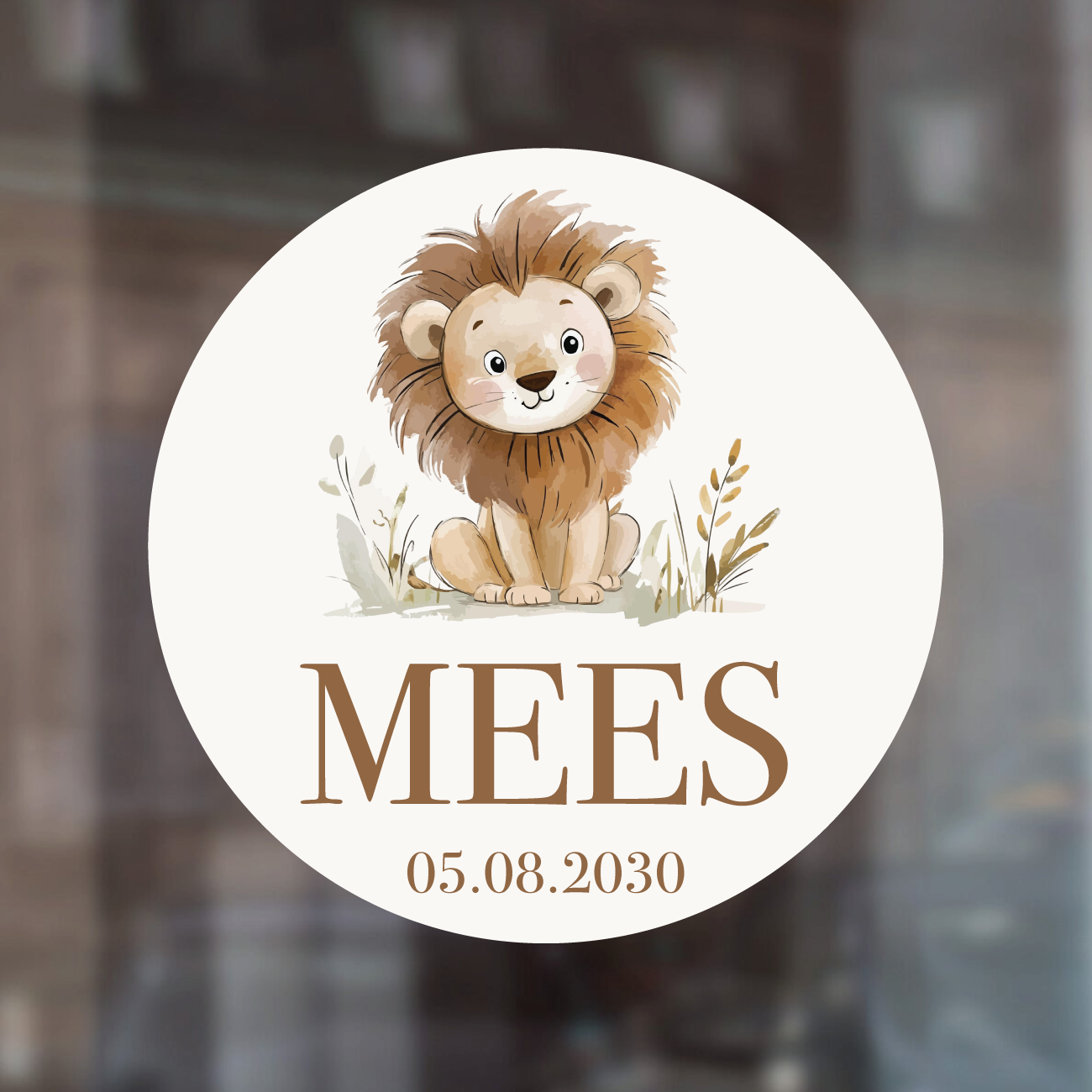 Geboorte raamsticker met naam Little Lion, ronde statische raamsticker met leeuwtje, gepersonaliseerd