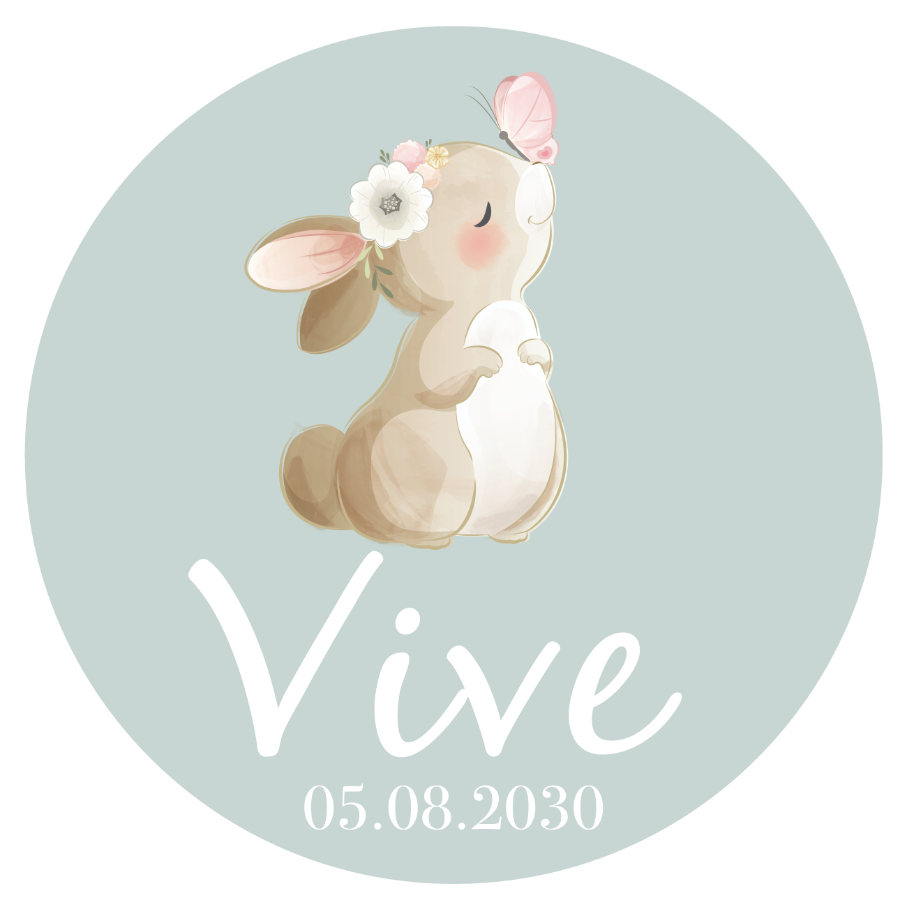 Geboorte raamsticker met naam, konijntje met vlinder op saliegroen, ronde statische sticker, gepersonaliseerd