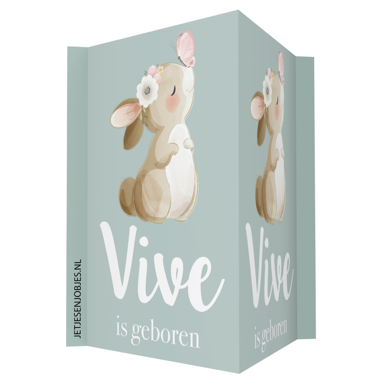 Geboortebord met naam, konijntje met vlinder op saliegroen, dubbelzijdig geboorte raambord, gepersonaliseerd