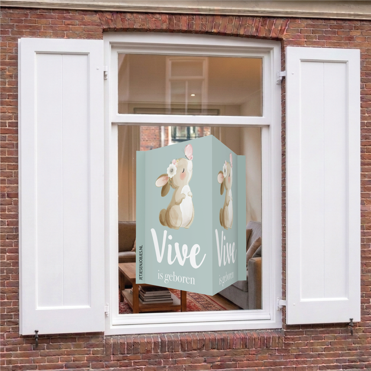 Geboortebord met naam, konijntje met vlinder op saliegroen, dubbelzijdig geboorte raambord, gepersonaliseerd