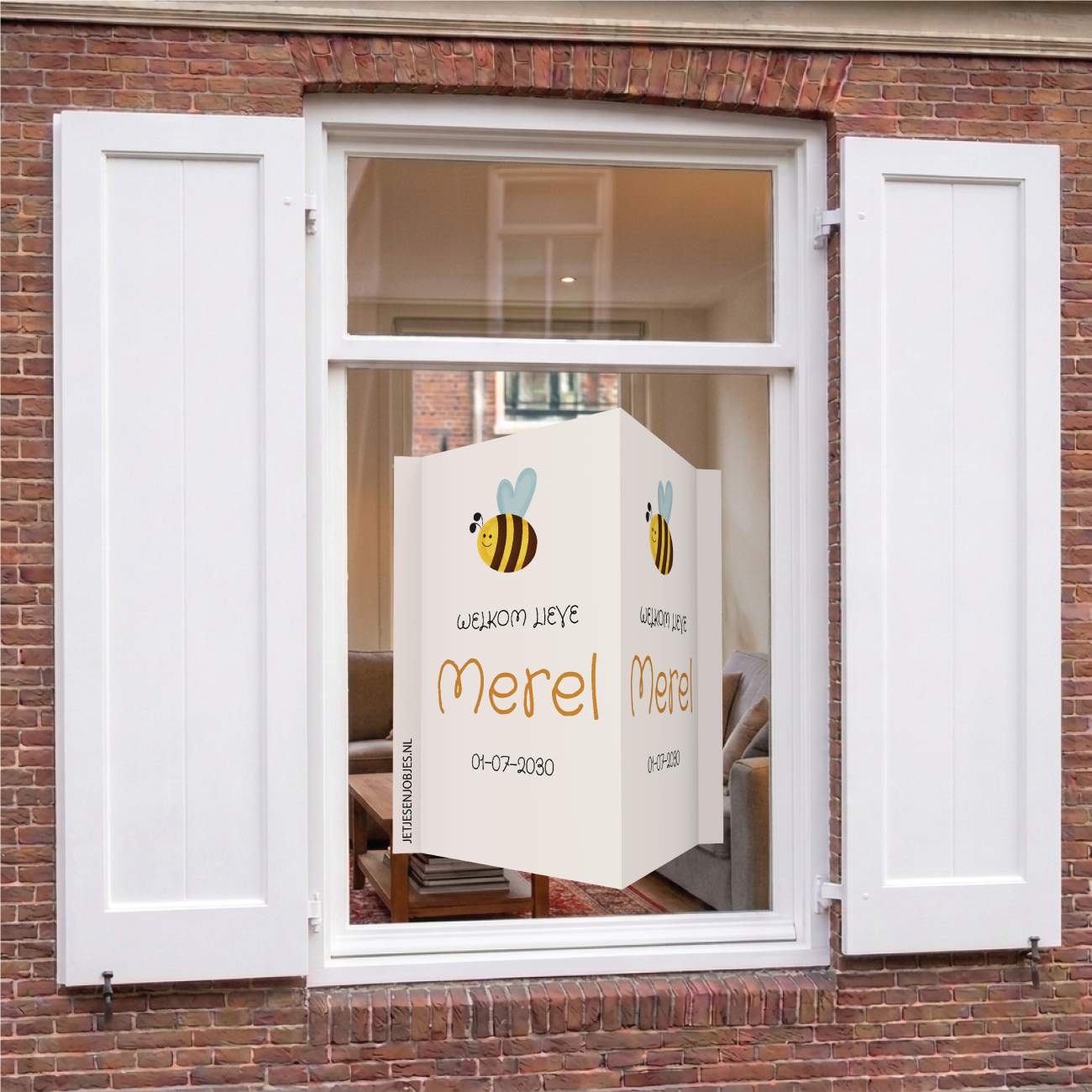 Geboortebord met naam Bijtje, dubbelzijdig geboorte raambord met bij, gepersonaliseerd