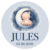 Geboorte raamsticker met naam, beertje op de maan in blauw, ronde statische sticker, gepersonaliseerd