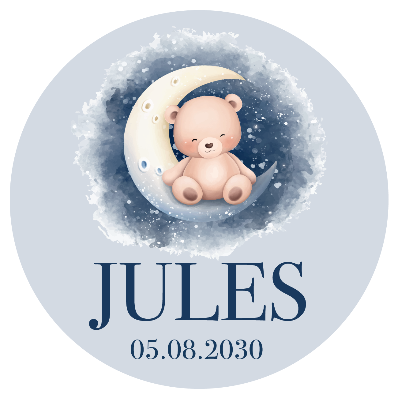 Geboorte raamsticker met naam, beertje op de maan in blauw, ronde statische sticker, gepersonaliseerd