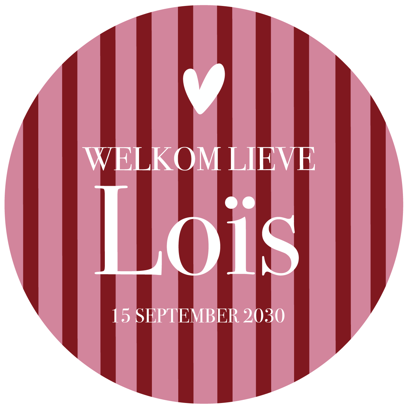 Geboorte raamsticker met naam Pink Stripes, ronde sticker met roze en rode strepen, gepersonaliseerd