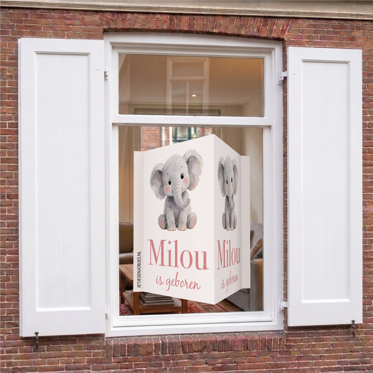 Geboortebord met naam Olifantje roze, dubbelzijdig geboorte raambord met olifant, gepersonaliseerd