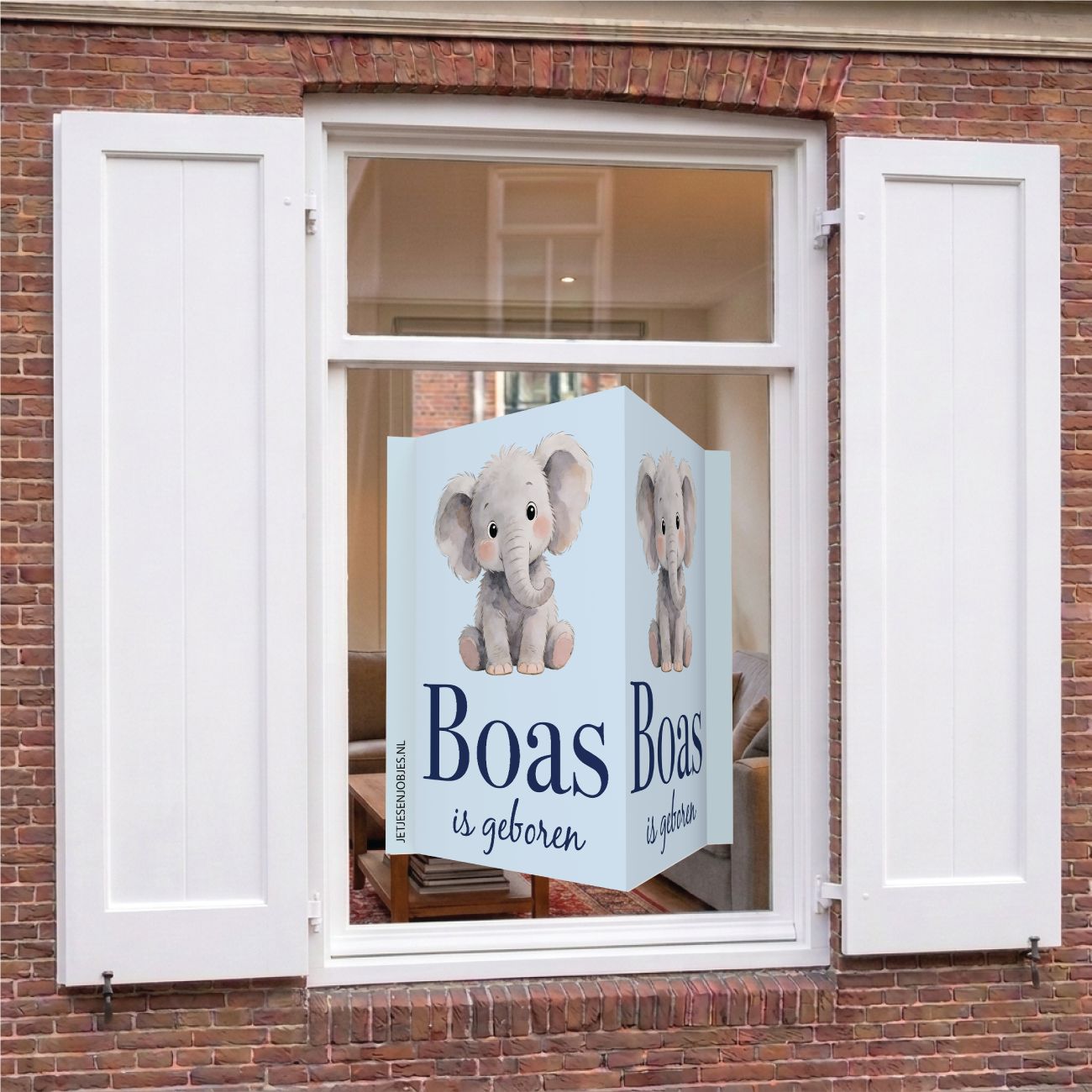 Geboortebord met naam Olifantje blauw, dubbelzijdig geboorte raambord met olifant, gepersonaliseerd