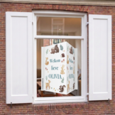 Geboortebord met naam Bosvriendjes, dubbelzijdig geboorte raambord met vosje, beertje en egeltje, gepersonaliseerd
