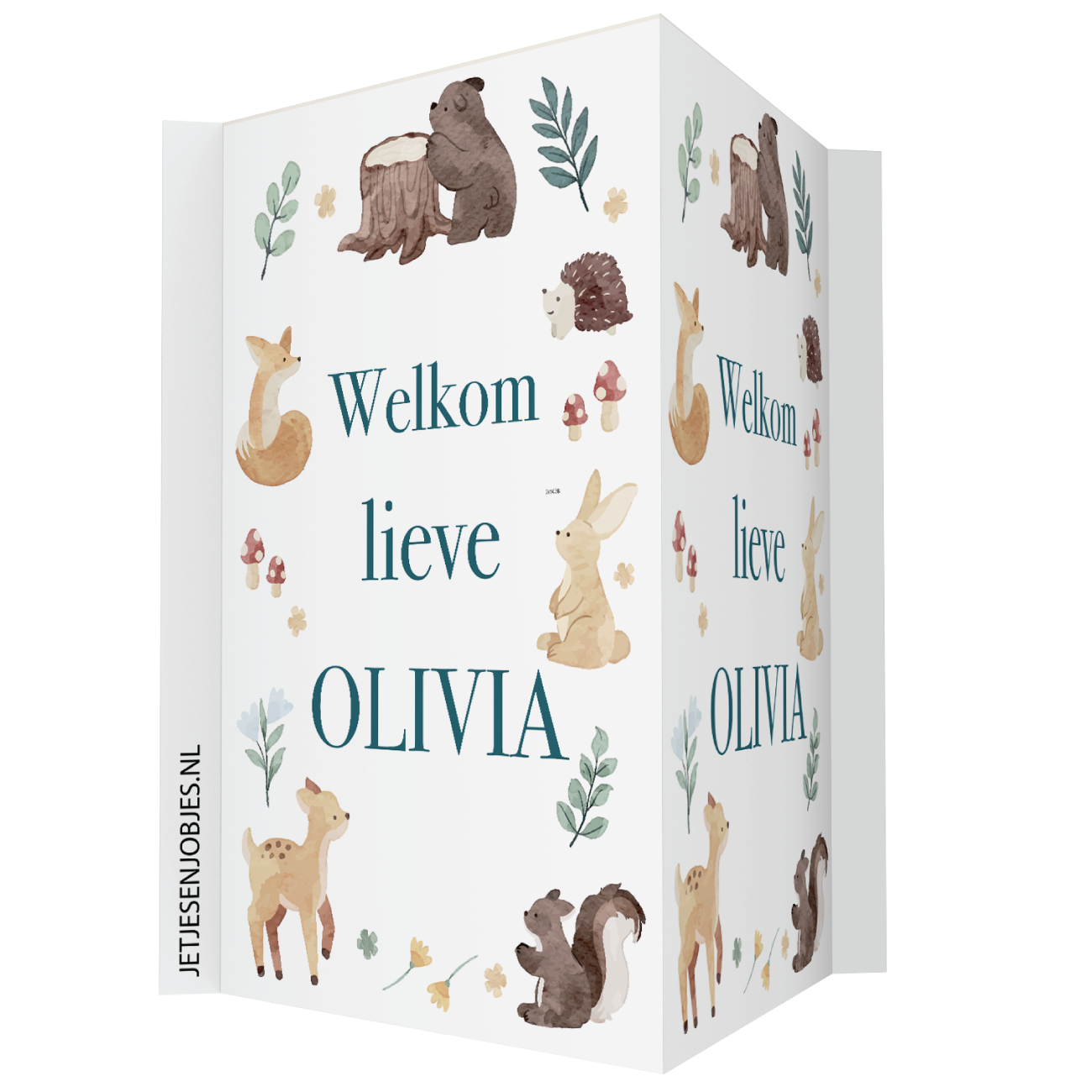 Geboortebord met naam Bosvriendjes, dubbelzijdig geboorte raambord met vosje, beertje en egeltje, gepersonaliseerd